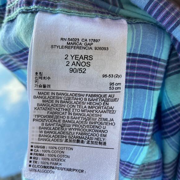 Gap Boys Shirt Size 2 Oceanside Blue Plaid Roll Tab Cuff Button Up Front - Picture 7 of 7